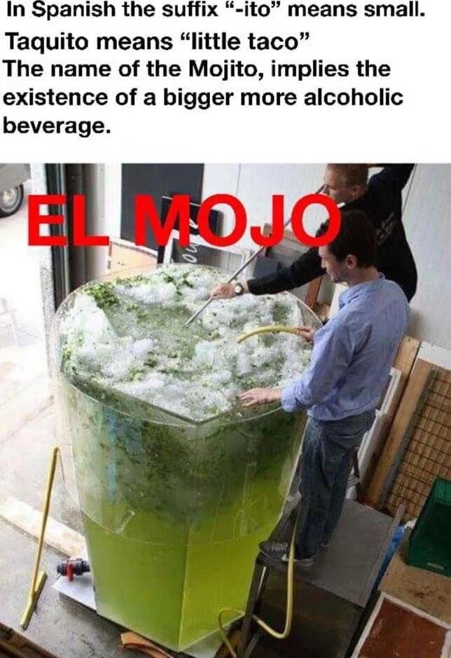 In Spanish the suffix ito means small Taquito means little taco The name of the Mojito implies the existence of a bigger more alcoholic beverage