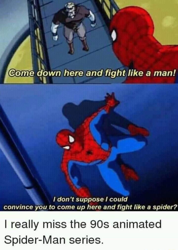 Come 11wn UCICIEL LRI CENUELT 1 dont suppose could convince you to come up here and fight like a spider really miss the 90s animated Spider Man series