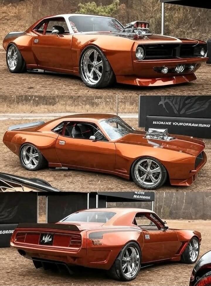 A custom-built classic car, possibly a Plymouth Barracuda, in a metallic copper or bronze color, with wide body kit, large chrome wheels, and a prominent supercharger on the hood. The car is shown from multiple angles. Text on the background banners reads: 