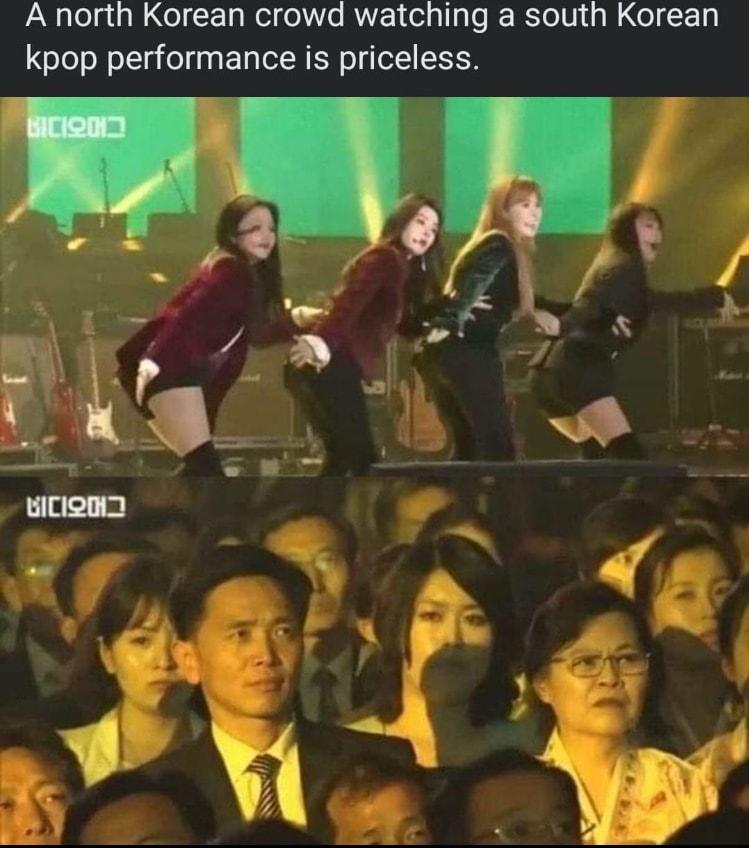 A north Korean crowd watching a south Korean kpop performance is priceless
