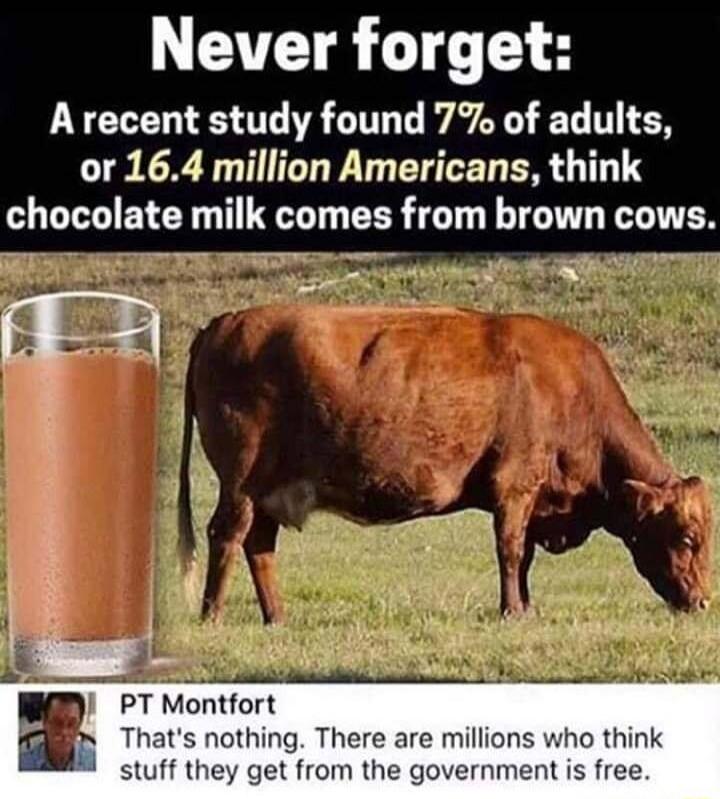 Never forget LYCLET TS O R LITL T WAY T TN or 164 million Americans think chocolate milk comes from brown cows 3 s PT Montfort Thats nothing There are millions who think stuff they get from the government is free