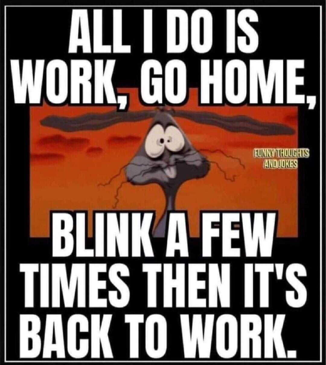 ALL I DO IS WORK, GO HOME, BLINK A FEW TIMES THEN IT'S BACK TO WORK. FUNNY THOUGHTS AND JOKES