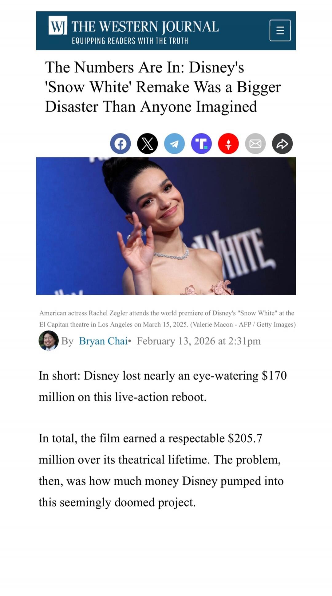 The Numbers Are In: Disney's 'Snow White' Remake Was a Bigger Disaster Than Anyone Imagined

By Bryan Chai • February 13, 2026 at 2:31pm

American actress Rachel Zegler attends the world premiere of Disney's 