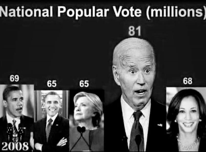 National Popular Vote (millions) 81 69 65 65 68 2008. The image displays popular vote counts for various US political figures: Barack Obama (69 million in 2008, 65 million), Hillary Clinton (65 million), Joe Biden (81 million), and Kamala Harris (68 million). Joe Biden is shown with an exaggerated expression of surprise.