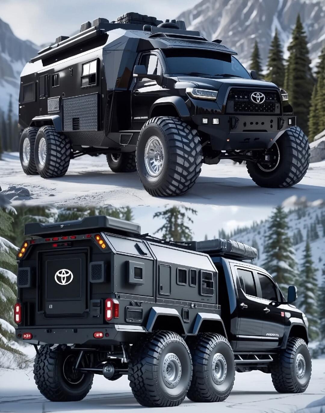 Two black off-road expedition trucks with camper bodies parked in a snowy mountainous landscape. The vehicles have large tires and rugged builds suited for extreme terrain.