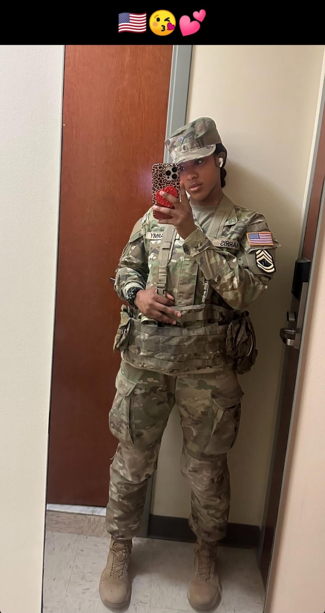 ARMY, HARRIS, US flag emoji, kissing face emoji, two pink hearts emoji