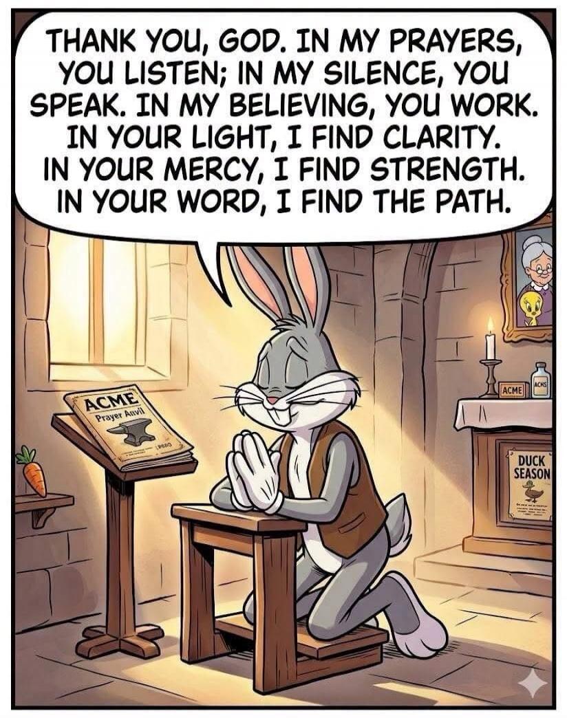 THANK YOU, GOD. IN MY PRAYERS, YOU LISTEN; IN MY SILENCE, YOU SPEAK. IN MY BELIEVING, YOU WORK. IN YOUR LIGHT, I FIND CLARITY. IN YOUR MERCY, I FIND STRENGTH. IN YOUR WORD, I FIND THE PATH. ACME Prayer Anvil. DUCK SEASON. ACME.