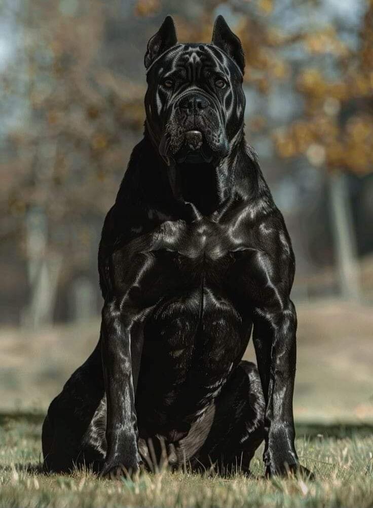 A black muscular dog sitting on grass outdoors.