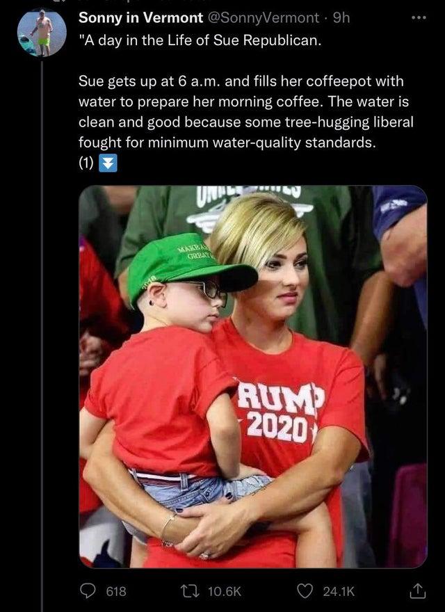 Sonny in Vermont Sonny Verr A day in the Life of Sue Republican Sue gets up at 6 am and fils her coffeepot with water to prepare her morning coffee The water is clean and good because some tree hugging liberal fought for minimum water quality standards T 106K Q 21k