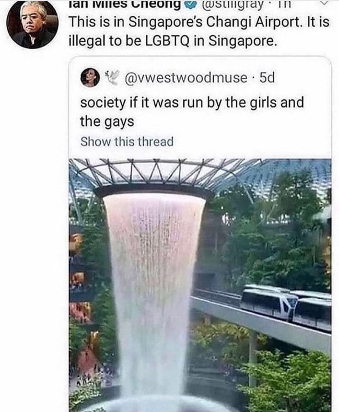 1an wilies vneonyg 2 sungray 1n N This is in Singapores Changi Airport It is illegal to be LGBTQ in Singapore vwestwoodmuse 5d society if it was run by the girls and the gays Show this thread