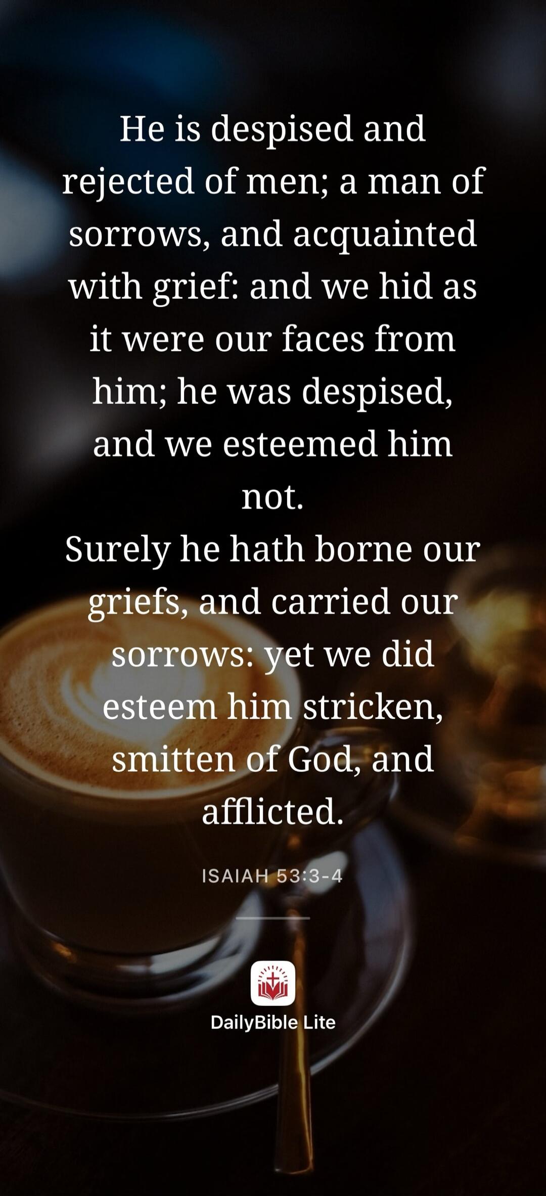 He is despised and rejected of men; a man of sorrows, and acquainted with grief: and we hid as it were our faces from him; he was despised, and we esteemed him not. Surely he hath borne our griefs, and carried our sorrows: yet we did esteem him stricken, smitten of God, and afflicted. ISAIAH 53:3-4 DailyBible Lite