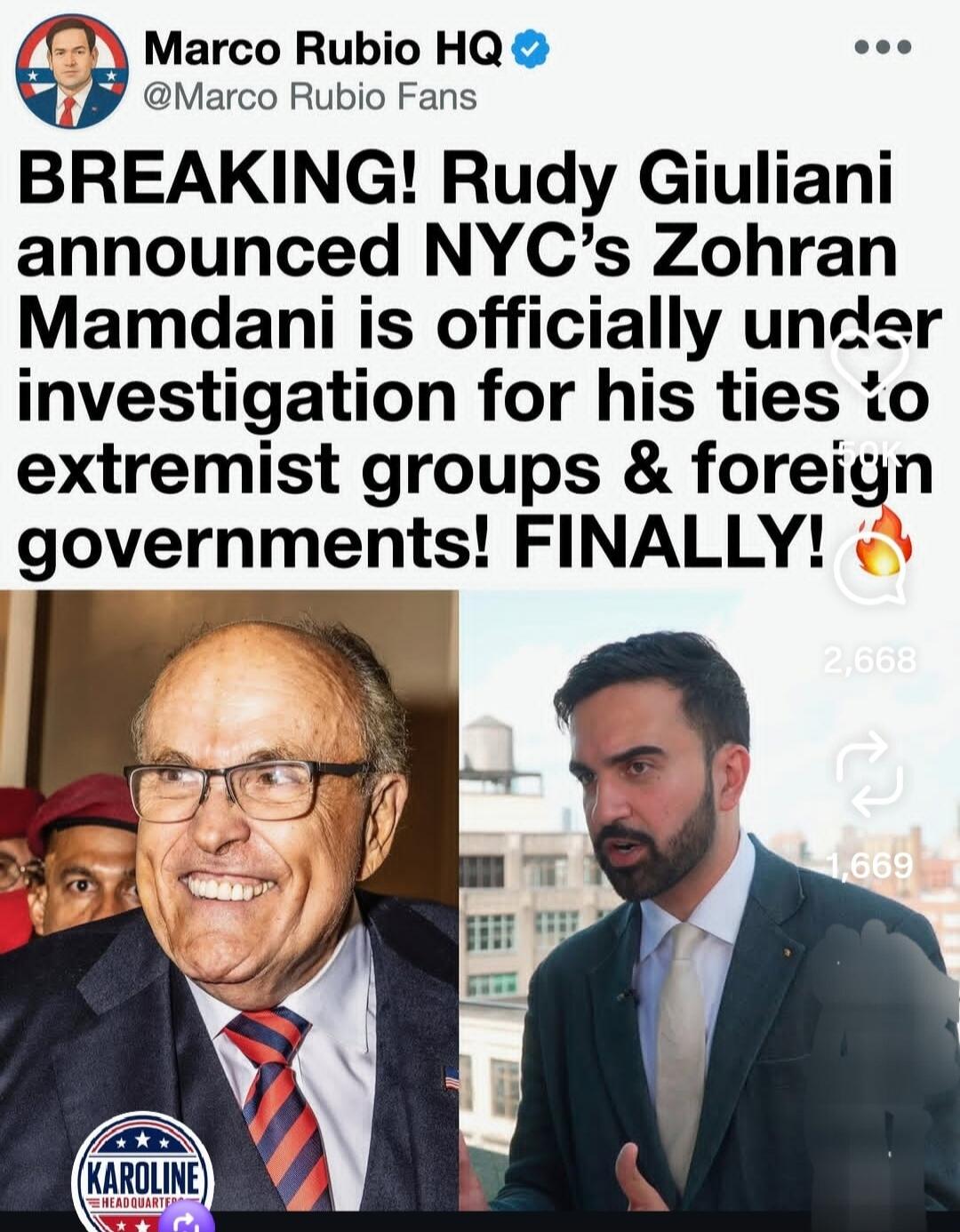 Marco Rubio HQ @Marco Rubio Fans BREAKING! Rudy Giuliani announced NYC's Zohran Mamdani is officially under investigation for his ties to extremist groups & foreign governments! FINALLY!