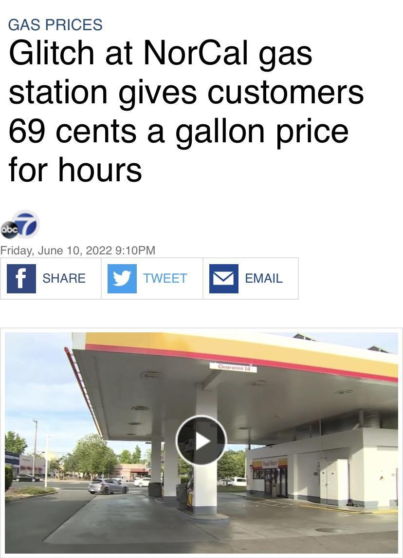 GAS PRICES Glitch at NorCal gas station gives customers 69 cents a gallon price for hours Friday June 10 2022 910PM n SHARE u TWEET E EMAIL