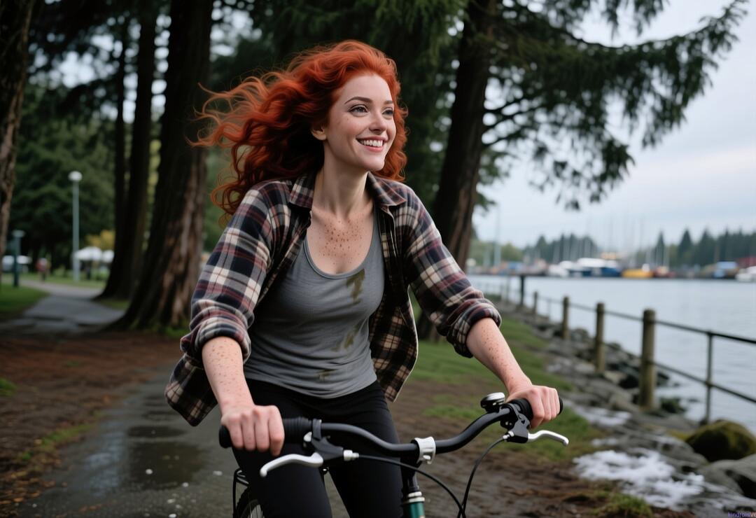 A woman is riding a bicycle along a waterfront path, smiling as she pedals with a plaid shirt over a gray t-shirt.