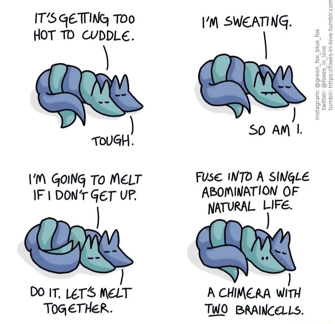 TS GETING Too HOT T CUDDLE ToUGH IM GoING To MeLT IF DONT GET UP 00 IT LETS MELT TOGETHeR IM SWEATING S0 AM 1 FUse INTD A SINGLE ABOMINATION OF NATURAL lTlFe A CHIMERA WiTH TWO BRAINCELLS