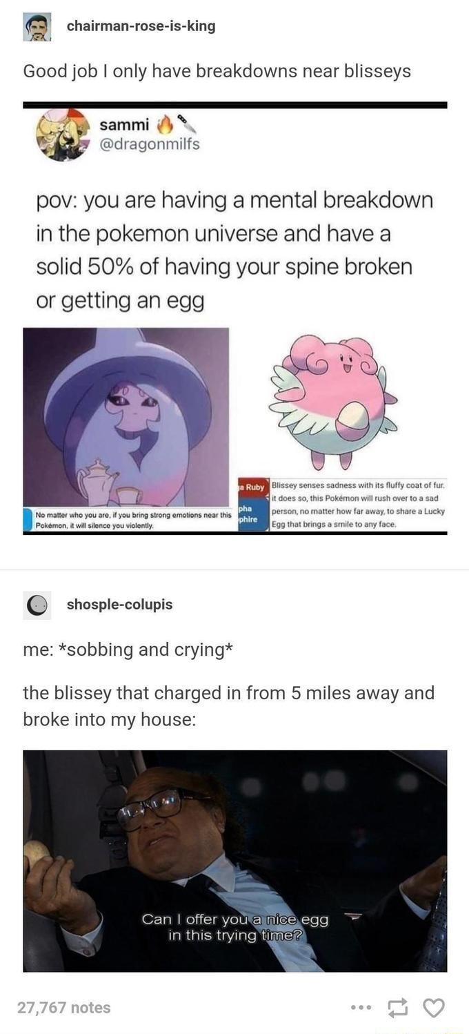 chairman rose is king Good job only have breakdowns near blisseys sammi dr Ifs pov you are having a mental breakdown in the pokemon universe and have a solid 50 of having your spine broken or getting an egg shosple colupis me sobbing and crying the blissey that charged in from 5 miles away and broke into my house Can offer youl in this trying