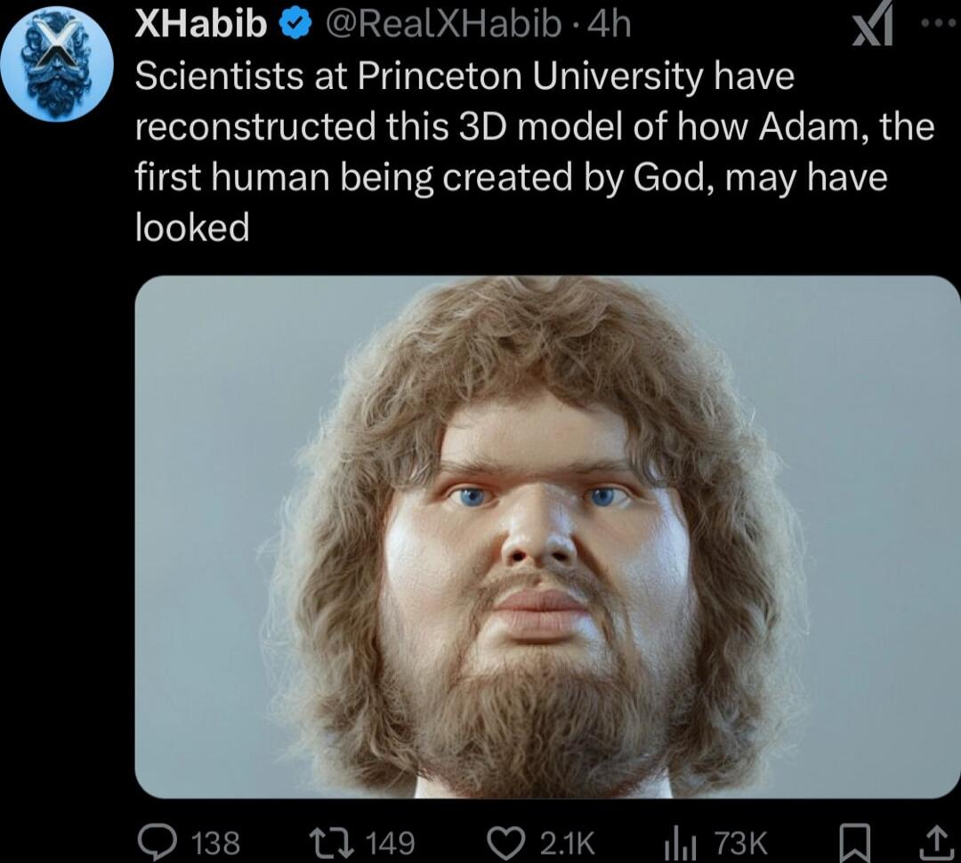 pGELL X RCRER VG ELT X1 RICEL NS SR T TG RTINS VY reconstructed this 3D model of how Adam the first human being created by God may have looked Qus 111 OQ21k Jy7k