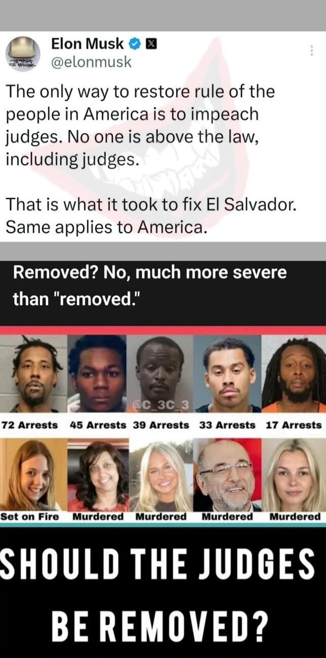 The only way to restore rule of the people in America is to impeach judges. No one is above the law, including judges. That is what it took to fix El Salvador. Same applies to America. Removed? No, much more severe than 