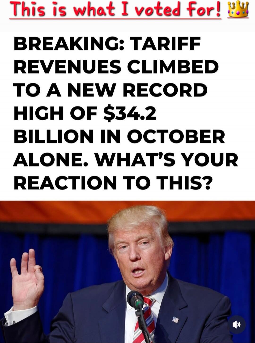 This is what I voted for! BREAKING: TARIFF REVENUES CLIMBED TO A NEW RECORD HIGH OF $34.2 BILLION IN OCTOBER ALONE. WHAT’S YOUR REACTION TO THIS? Session ID: 1023939.