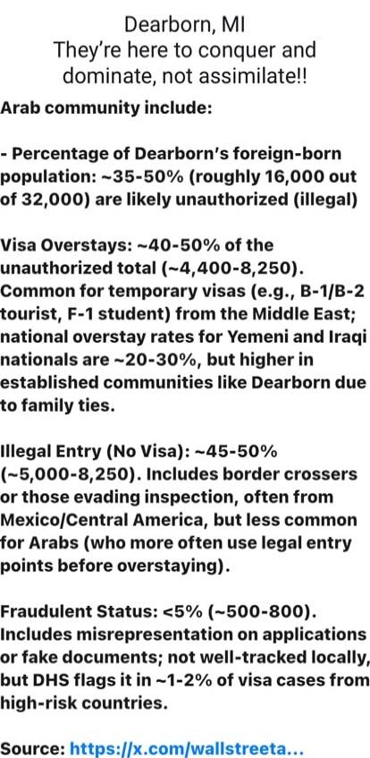 Dearborn, MI They're here to conquer and dominate, not assimilate!! Arab community include: - Percentage of Dearborn's foreign-born population: ~35-50% (roughly 16,000 out of 32,000) are likely unauthorized (illegal) Visa Overstays: ~40-50% of the unauthorized total (~4,400-8,250). Common for temporary visas (e.g., B-1/B-2 tourist, F-1 student) fro