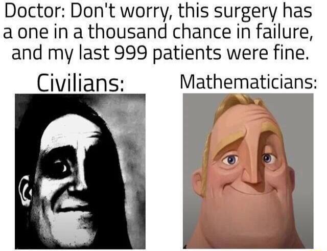 Doctor Dont worry this surgery has aone in a thousand chance in failure and my last 999 patients were fine Civilians Mathematicians