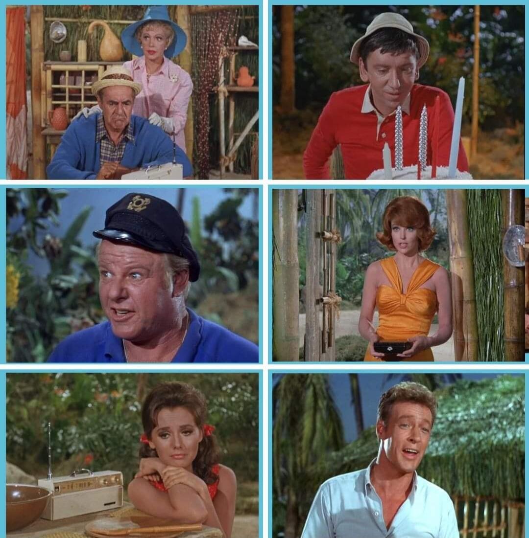 A collage of scenes featuring characters from the classic TV show Gilligan's Island. The Skipper looks grumpy, Mrs. Howell is behind him. Gilligan holds a small cake with candles, looking pensive. The Skipper is shown talking animatedly. Ginger Grant stands outside a bamboo hut, looking surprised. Mary Ann looks thoughtful or sad, leaning on a tabl