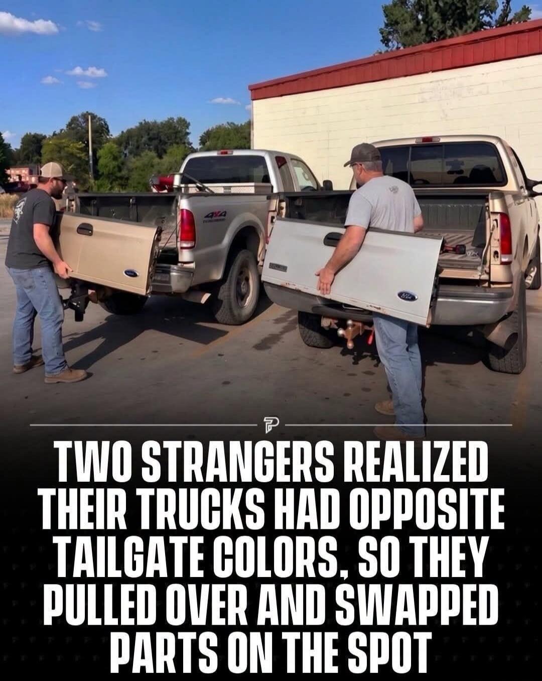 Two strangers realized their trucks had opposite tailgate colors, so they pulled over and swapped parts on the spot.