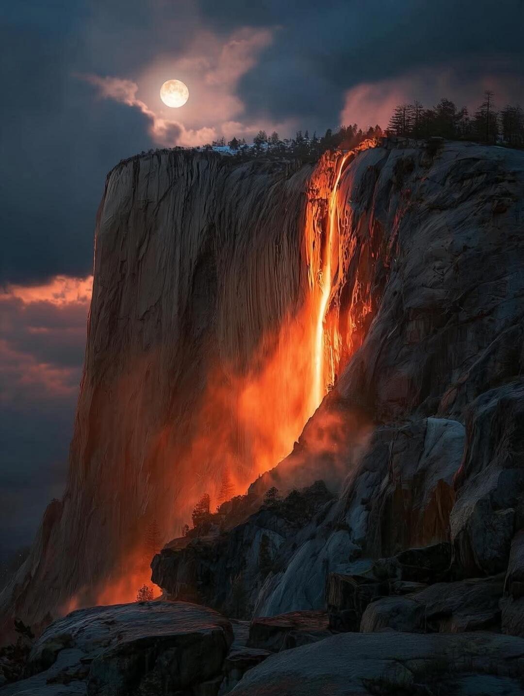 A dramatic nighttime landscape showing a fiery lava-like waterfall cascading down a cliff under a full moon.