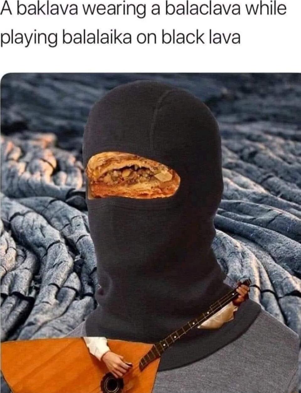 A baklava wearing a playing balalaika on black lava
