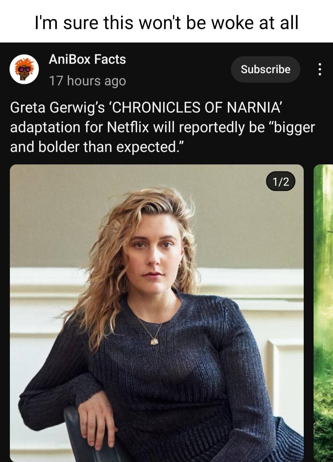 m sure this wont be woke at all LUEEERE Subscribe 17 hours ago Greta Gerwigs CHRONICLES OF NARNIA adaptation for Netflix will reportedly be bigger and bolder than expected