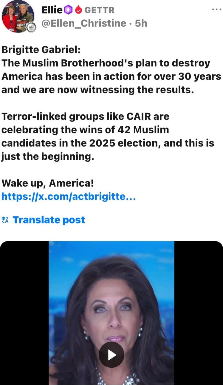 Brigitte Gabriel: The Muslim Brotherhood's plan to destroy America has been in action for over 30 years and we are now witnessing the results.

Terror-linked groups like CAIR are celebrating the wins of 42 Muslim candidates in the 2025 election, and this is just the beginning.

Wake up, America!
https://x.com/actbrigitte...