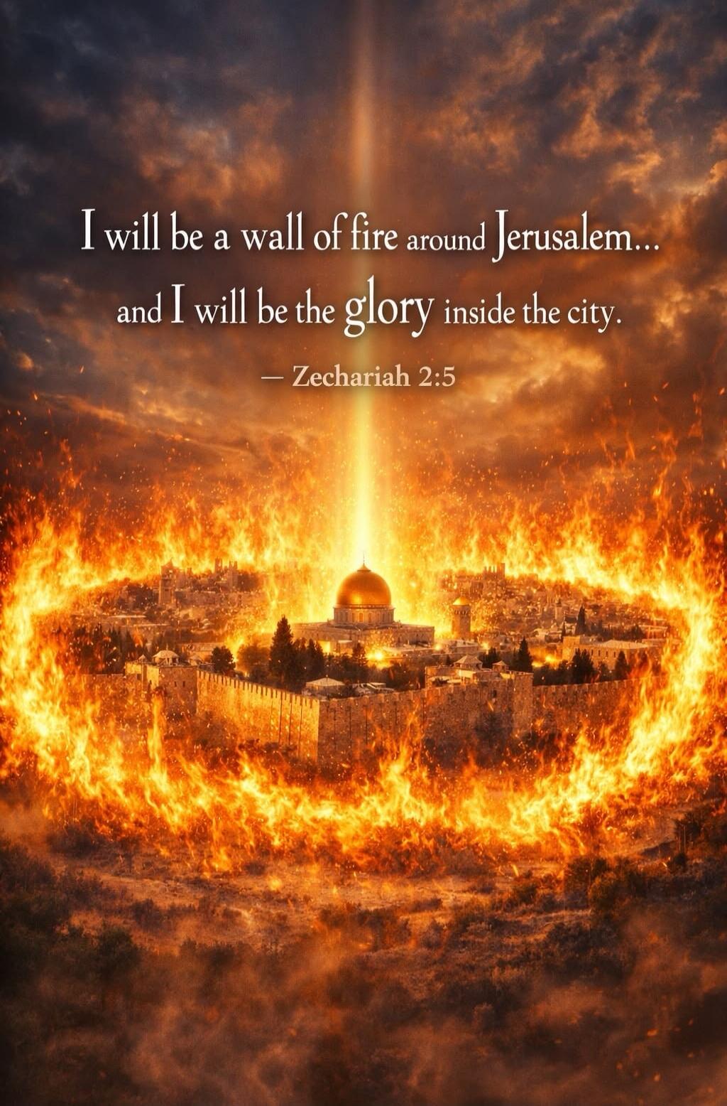 I will be a wall of fire around Jerusalem... and I will be the glory inside the city. — Zechariah 2:5