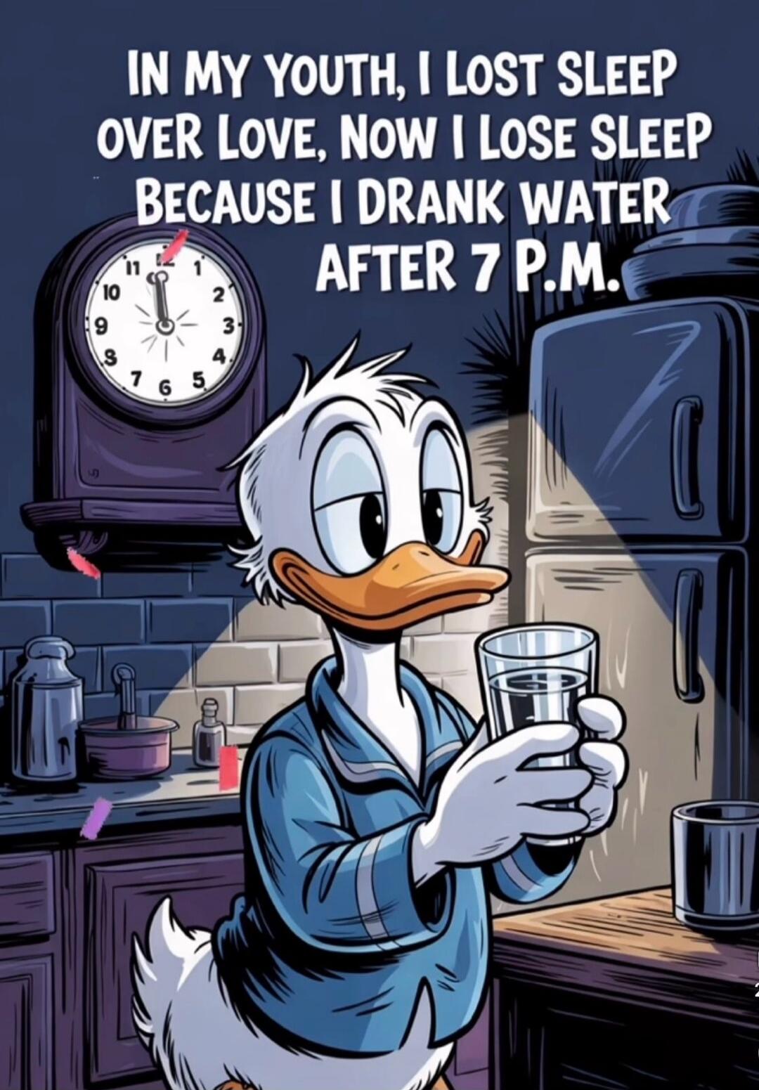 IN MY YOUTH, I LOST SLEEP OVER LOVE, NOW I LOSE SLEEP BECAUSE I DRANK WATER AFTER 7 P.M.