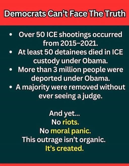 Democrats Can’t Face The Truth

- Over 50 ICE shootings occurred from 2015-2021.
- At least 50 detainees died in ICE custody under Obama.
- More than 3 million people were deported under Obama.
- A majority were removed without ever seeing a judge.

And yet...
No riots.
No moral panic.
This outrage isn’t organic.
It’s created.