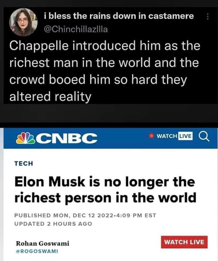 i bless the rains down in castamere Chappelle introduced him as the richest man in the world and the crowd booed him so hard they EUNCICRCE 1 2CNBC el Q TECH Elon Musk is no longer the richest person in the world