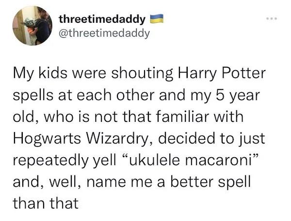 threetimedaddy threetimedaddy My kids were shouting Harry Potter spells at each other and my 5 year old who is not that familiar with Hogwarts Wizardry decided to just repeatedly yell ukulele macaroni and well name me a better spell than that