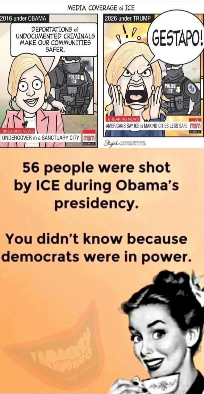 MEDIA COVERAGE of ICE. 2016 under OBAMA: DEPORTATIONS of UNDOCUMENTED CRIMINALS MAKE OUR COMMUNITIES SAFER. POLICE ICE. BREAKING NEWS: UNDERCOVER in a SANCTUARY CITY. 2026 under TRUMP: GESTAPO! POLICE ICE. BREAKING NEWS: AMERICANS SAY ICE IS MAKING CITIES LESS SAFE. 56 people were shot by ICE during Obama's presidency. You didn't know because democ