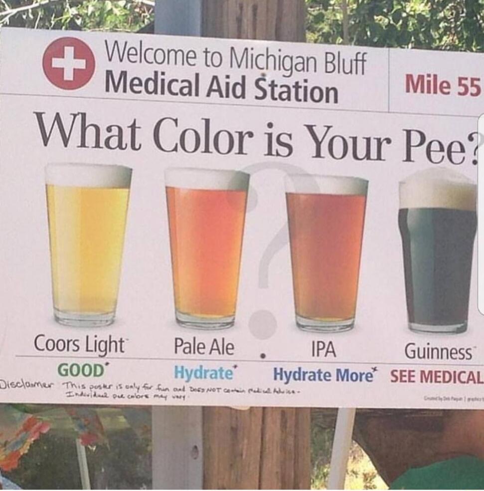 Welcome to Michigan Bluff Medical Aid Station
What Color is Your Pee?
Coors Light
Pale Ale
IPA
Guinness
GOOD
Hydrate
Hydrate More
SEE MEDICAL