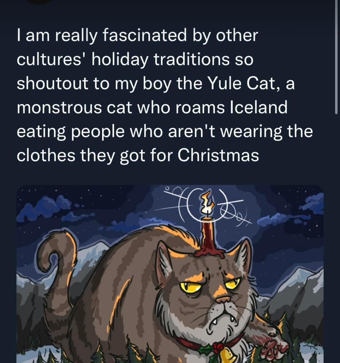 N CE A E S RETC Rl T cultures holiday traditions so shoutout to my boy the Yule Cat a monstrous cat who roams Iceland eating people who arent wearing the clothes they got for Christmas