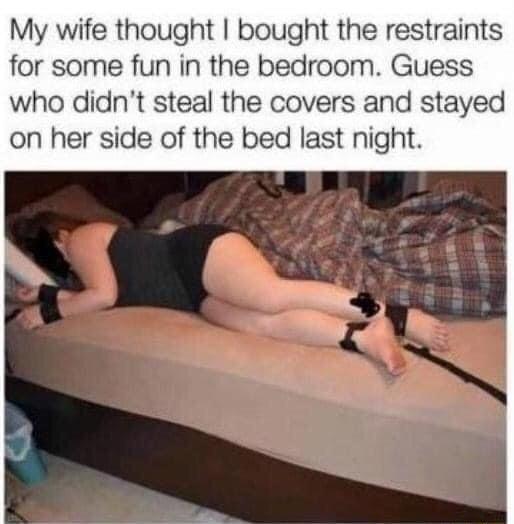 My wife thought bought the restraints for some fun in the bedroom Guess who didnt steal the covers and stayed on her side of the bed last night