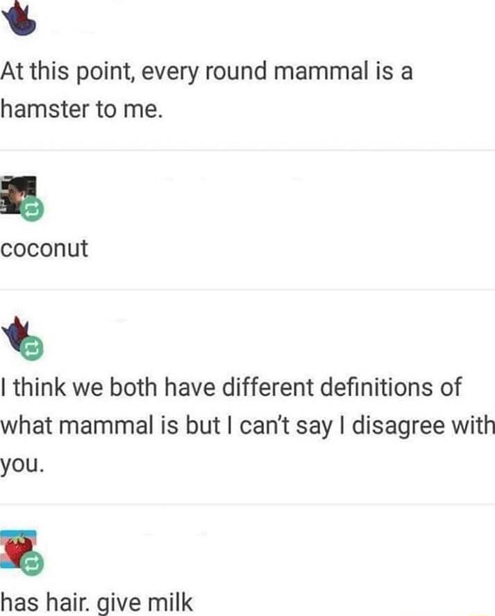 J At this point every round mammal is a hamster to me coconut think we both have different definitions of what mammal is but cant say disagree with you has hair give milk