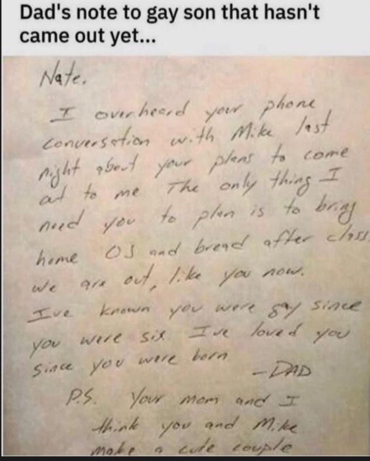 Dads note to gay son that hasnt came out yet