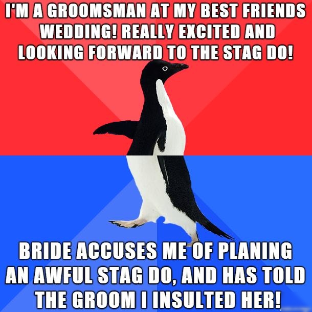 IiMAGROOMSMANAT MY BEST FRIENDS WEDDING REALLY EXCITEDAND LOOKINGIFORWARDITO THESTAGDO BRIDE ACCUSES ME OF PLANING AN AWFULISTAGDO AND HAS TOLD THEGROOM IINSULTED HER