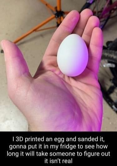 13D printed an egg and sanded it gonna put it in my fridge to see how long it will take someone to figure out itisnt real