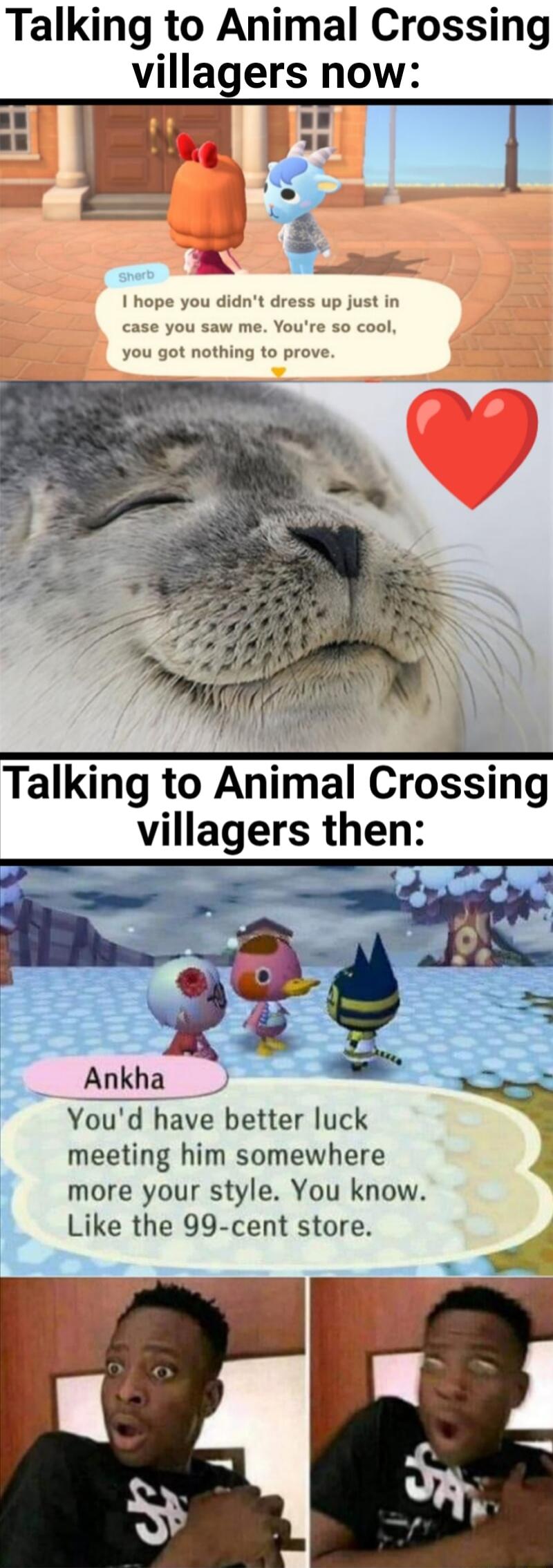 Talking to Animal Crossing villagers now Talking to Animal Crossing villagers then Ankha Youd have better luck meeting him somewhere more your style You know Like the 99 cent store