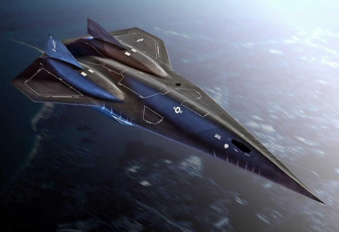 A dark, futuristic stealth aircraft flying high above the Earth, with faint city lights visible below.