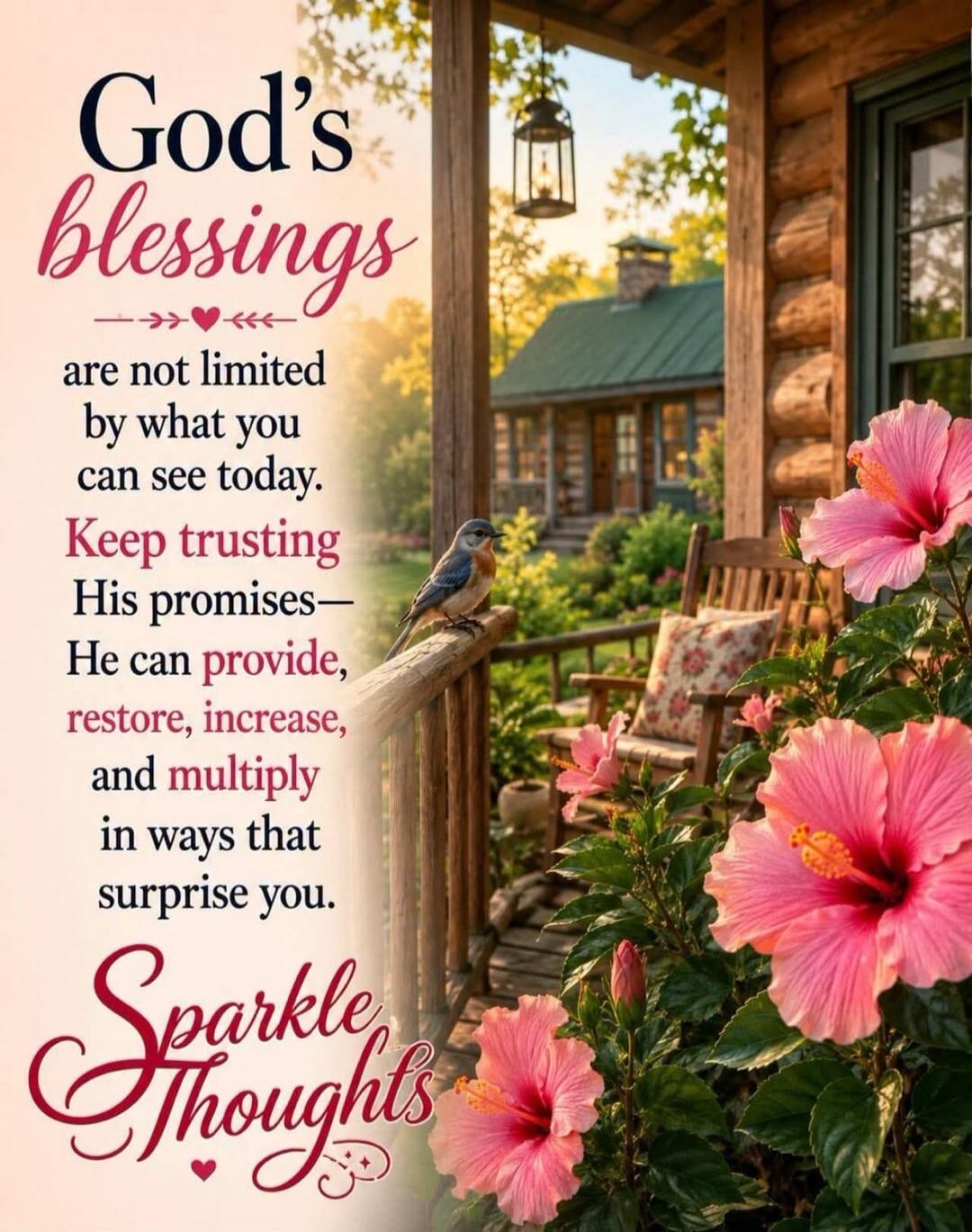 God's blessings are not limited by what you can see today. Keep trusting His promises— He can provide, restore, increase, and multiply in ways that surprise you. Sparkle Thoughts