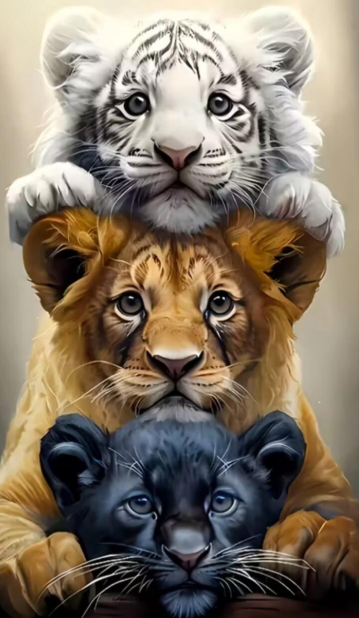 Three stacked big cats: a white tiger cub on top, a lion in the middle, and a black panther at the bottom.