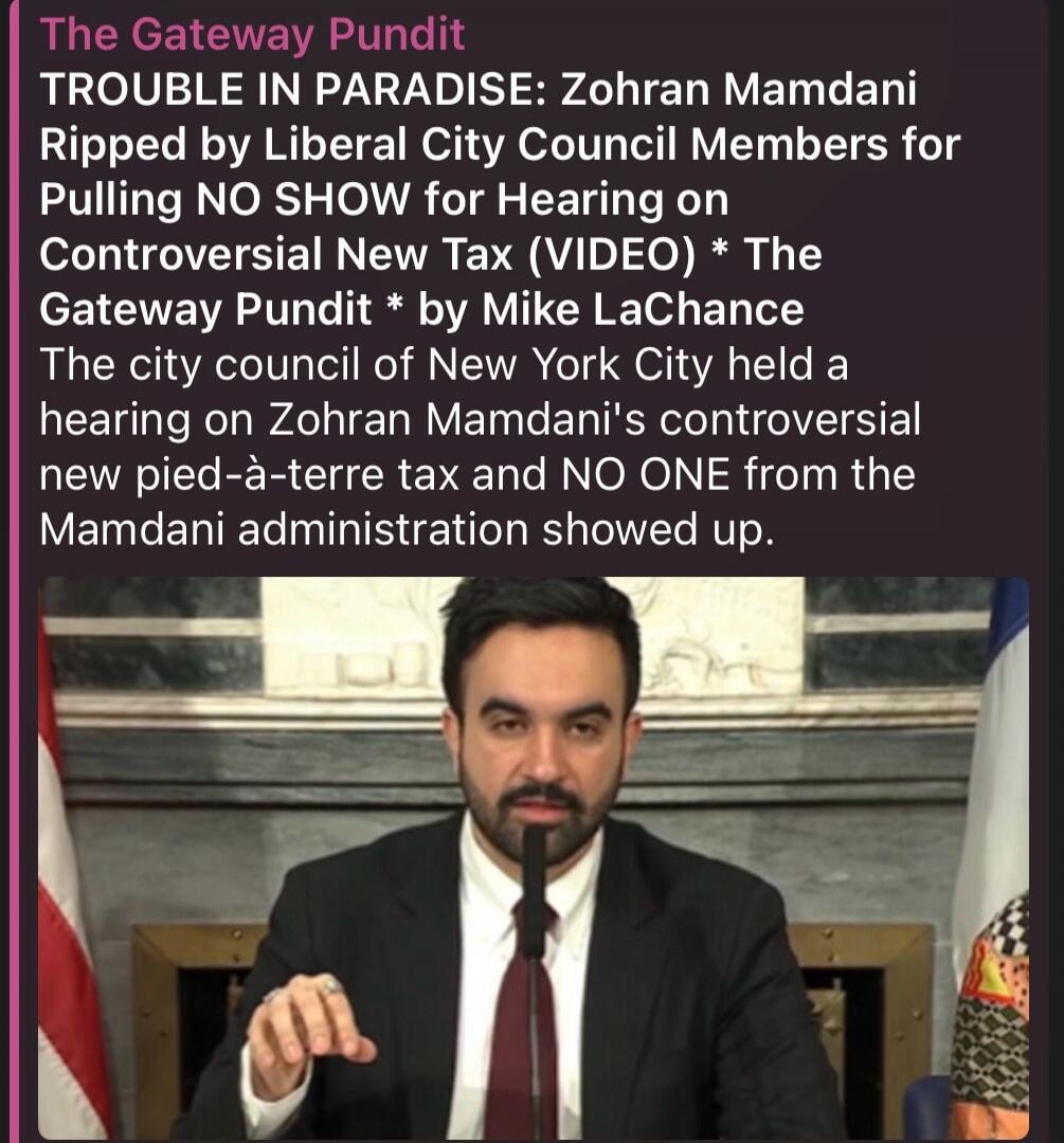 The Gateway Pundit. TROUBLE IN PARADISE: Zohran Mamdani Ripped by Liberal City Council Members for Pulling NO SHOW for Hearing on Controversial New Tax (VIDEO) * The Gateway Pundit * by Mike LaChance. The city council of New York City held a hearing on Zohran Mamdani's controversial new pied-à-terre tax and NO ONE from the Mamdani administration sh