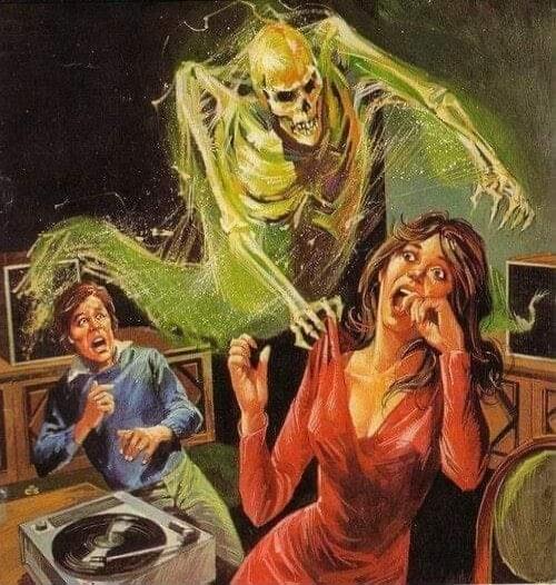 A vintage horror illustration showing a translucent skeletal ghost looming over a man and a woman indoors. The woman, wearing a red dress, covers her mouth in fear while the man at a turntable looks terrified.